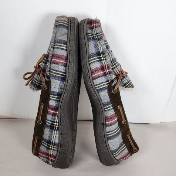 Brooks‎ Brothers Slippers Mens Size 12M Gray  Plaid Textile Leather sherpa Lined - Picture 5 of 9